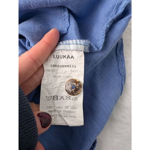 LUUKAA Blue Linen Blouse Shirt Women's Size 8 Button Up Long sleeve Blouse Tunic - Picture 11 of 11
